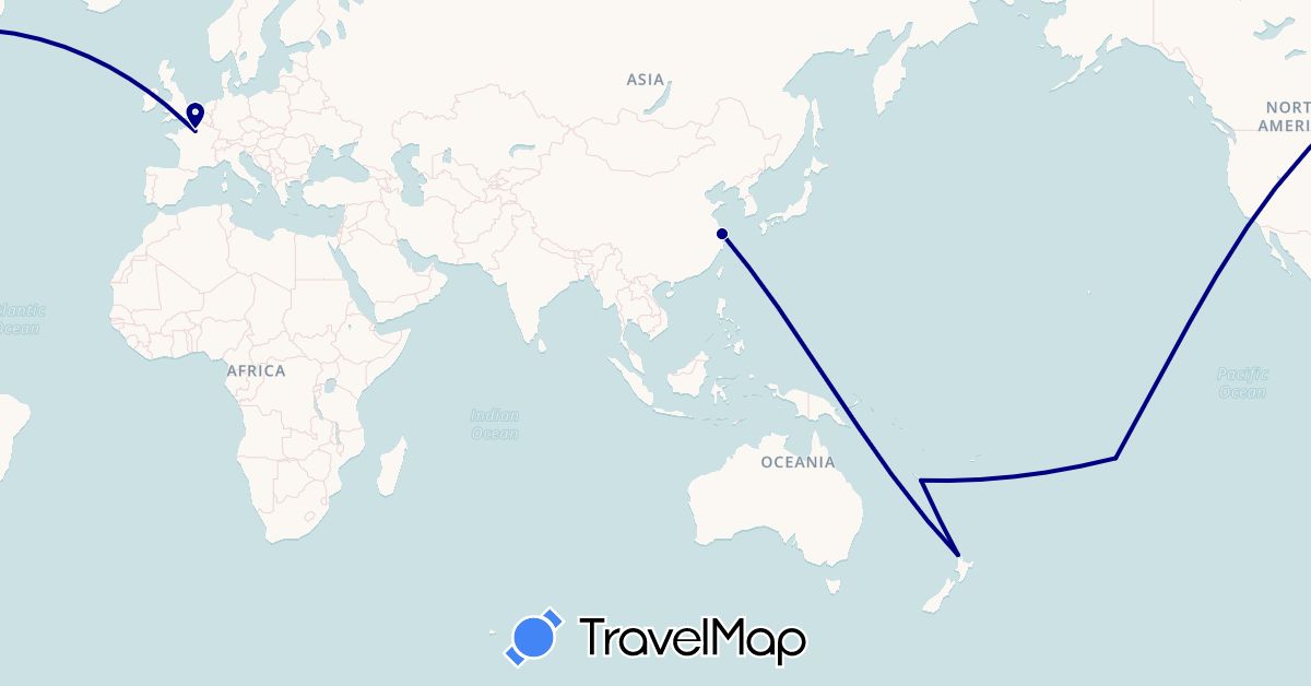 TravelMap itinerary: driving in China, France, New Caledonia, New Zealand, French Polynesia (Asia, Europe, Oceania)